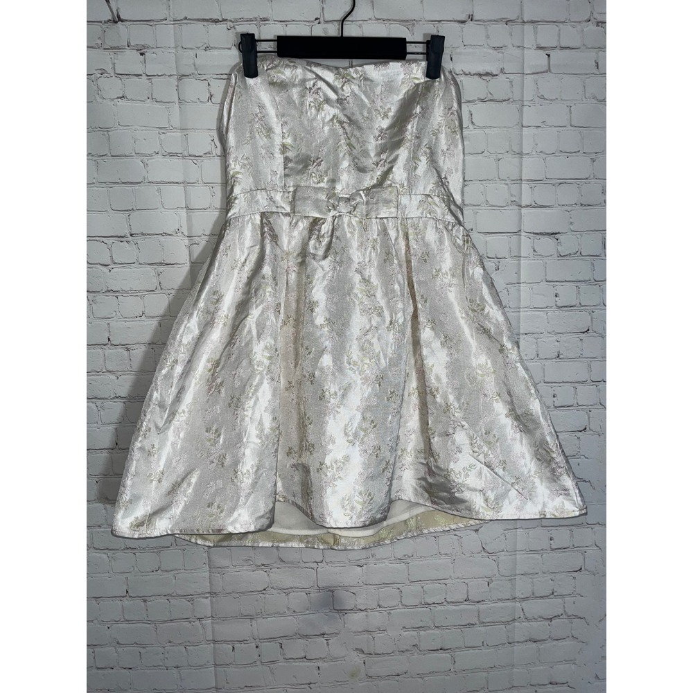 Storia Women Champagne Silver Floral Jacquard Strapless Bow Cocktail Dress L NEW